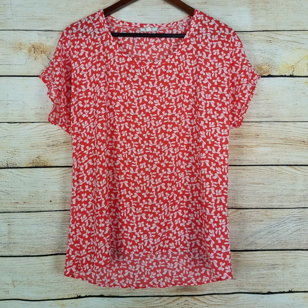 Pleione Women's Top Size‎ S Orange & White Bows Short Sleeve Relaxed Casual